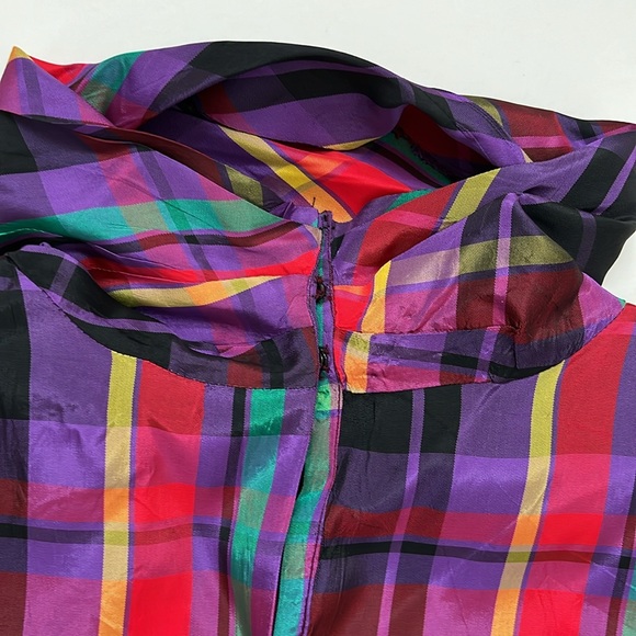 Vintage Colorful Taffeta Plaid Funnel Neck Holiday Winter Blouse Size Small - Picture 9 of 15